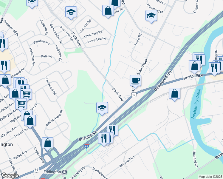 map of restaurants, bars, coffee shops, grocery stores, and more near 1112 Park Avenue in Bensalem