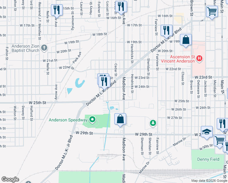 map of restaurants, bars, coffee shops, grocery stores, and more near 2411 Cedar Street in Anderson
