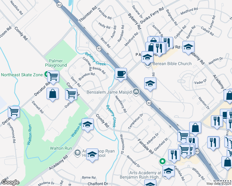 map of restaurants, bars, coffee shops, grocery stores, and more near 12017 Legion Street in Philadelphia