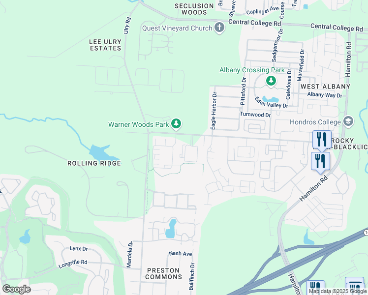 map of restaurants, bars, coffee shops, grocery stores, and more near 5505 Holister Drive in Westerville
