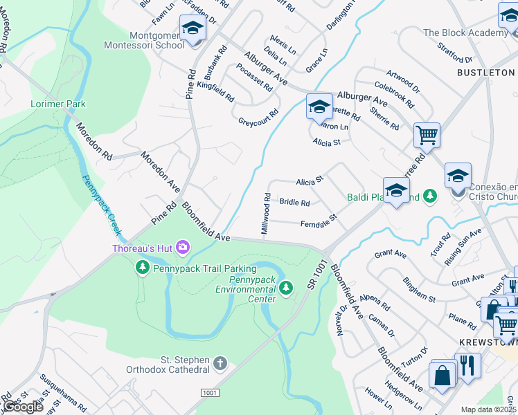 map of restaurants, bars, coffee shops, grocery stores, and more near 726 Millwood Road in Philadelphia