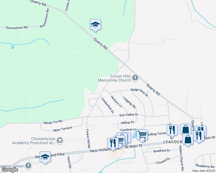 map of restaurants, bars, coffee shops, grocery stores, and more near 111 Forest Hill Road in Leola