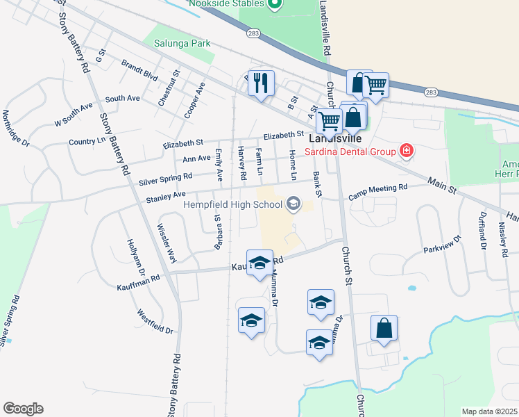 map of restaurants, bars, coffee shops, grocery stores, and more near 255 Lania Drive in Landisville