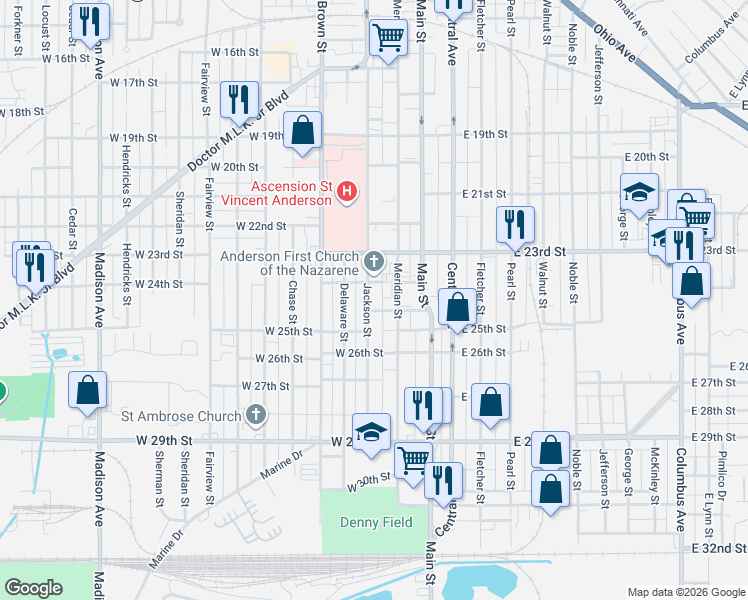 map of restaurants, bars, coffee shops, grocery stores, and more near 2420 Jackson Street in Anderson