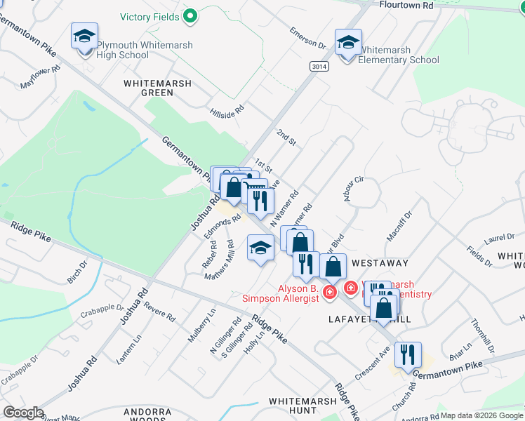 map of restaurants, bars, coffee shops, grocery stores, and more near 4002 Center Avenue in Lafayette Hill