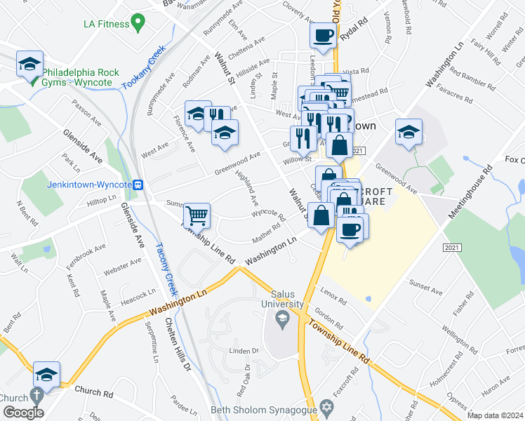 map of restaurants, bars, coffee shops, grocery stores, and more near 4 Highland Avenue in Jenkintown