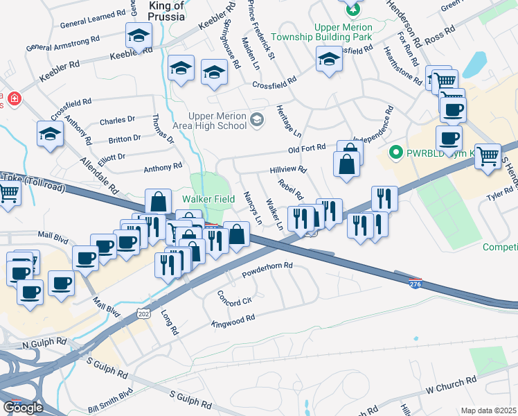 map of restaurants, bars, coffee shops, grocery stores, and more near 154 Nancy Lane in King of Prussia