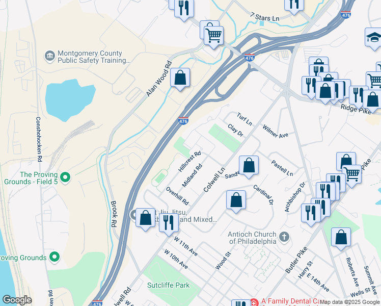 map of restaurants, bars, coffee shops, grocery stores, and more near 51 Cricket Drive in Conshohocken