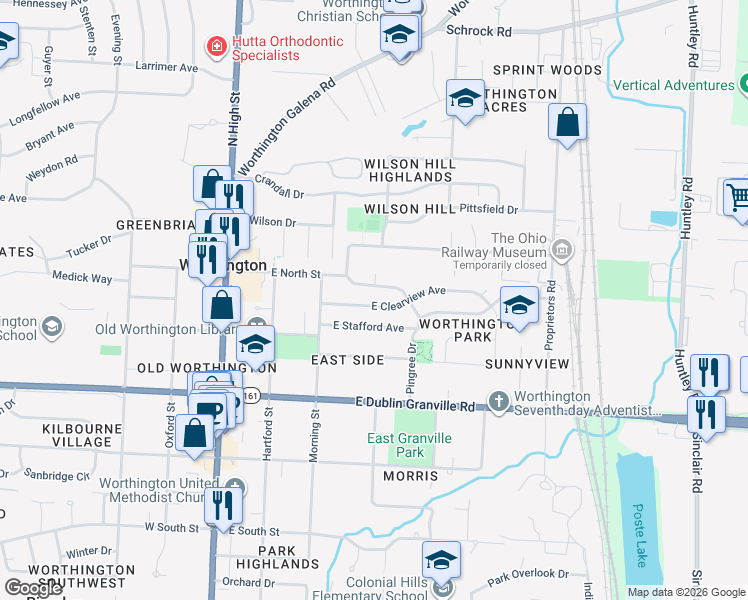 map of restaurants, bars, coffee shops, grocery stores, and more near 244 East Clearview Avenue in Worthington