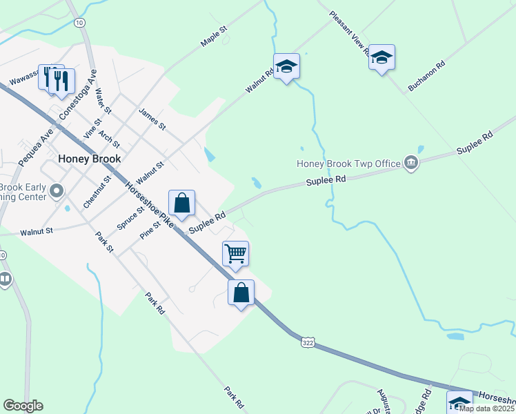 map of restaurants, bars, coffee shops, grocery stores, and more near 208 Suplee Road in Honey Brook