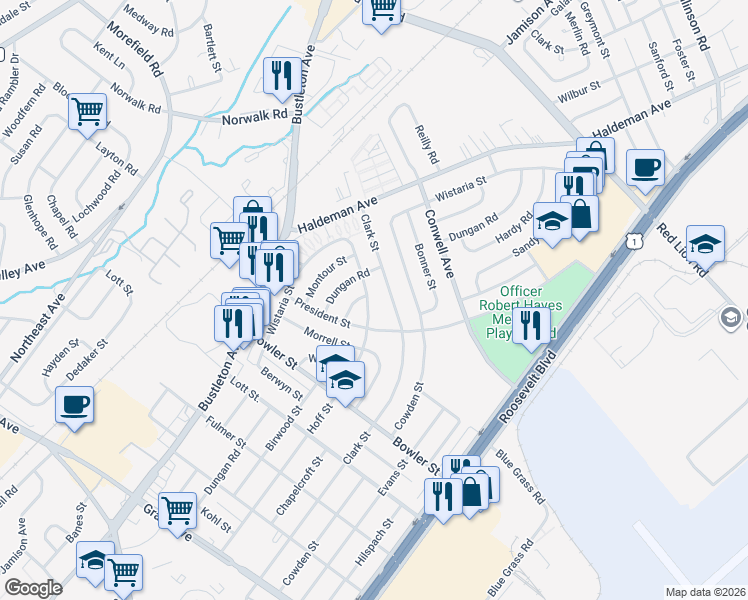 map of restaurants, bars, coffee shops, grocery stores, and more near 9817 Hoff Street in Philadelphia