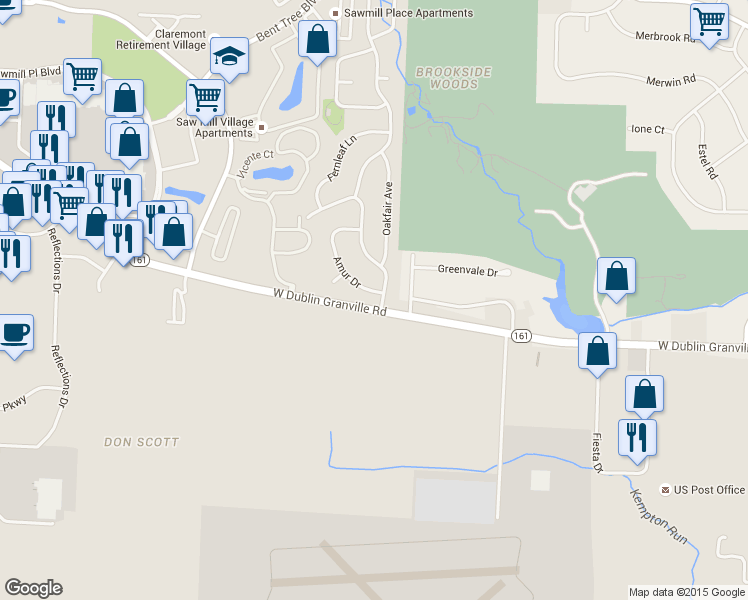 map of restaurants, bars, coffee shops, grocery stores, and more near 6665 Maplebrook Ln in Columbus
