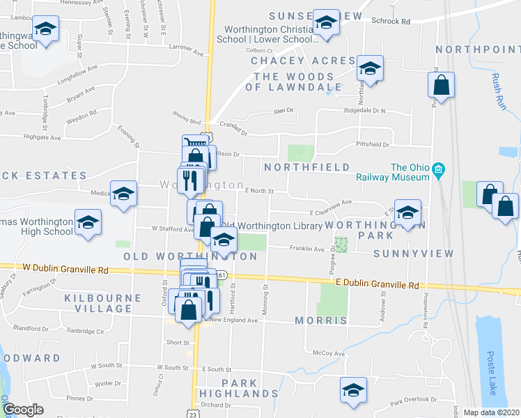 map of restaurants, bars, coffee shops, grocery stores, and more near 901 Morning Street in Worthington