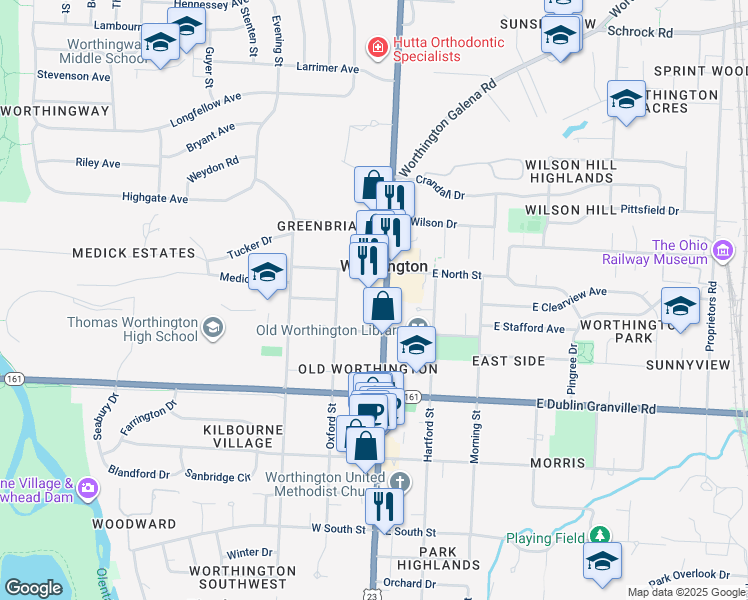 map of restaurants, bars, coffee shops, grocery stores, and more near 885 North High Street in Columbus