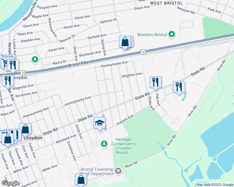 map of restaurants, bars, coffee shops, grocery stores, and more near 603 Harris Avenue in Croydon