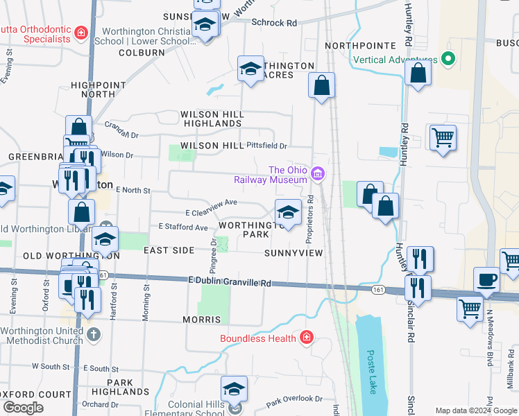 map of restaurants, bars, coffee shops, grocery stores, and more near 415 East Clearview Avenue in Worthington