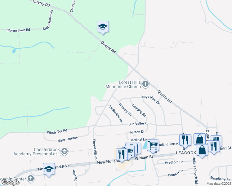 map of restaurants, bars, coffee shops, grocery stores, and more near 111 Forest Hill Road in Leola