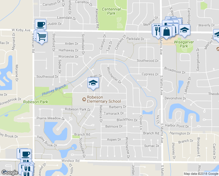 map of restaurants, bars, coffee shops, grocery stores, and more near 2303 Brookhaven Dr in Champaign