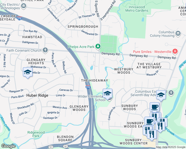 map of restaurants, bars, coffee shops, grocery stores, and more near 1355 Hideaway Woods Drive in Westerville