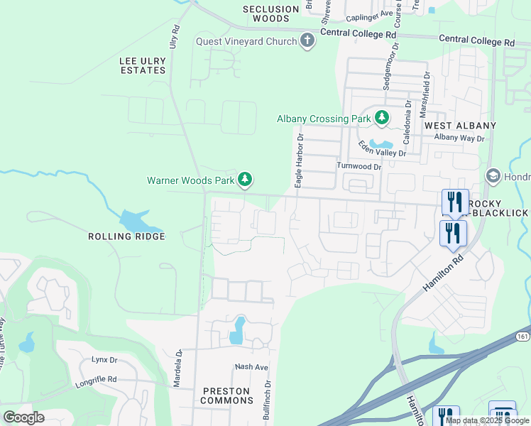map of restaurants, bars, coffee shops, grocery stores, and more near 5793 Hoover Falls Drive in Westerville