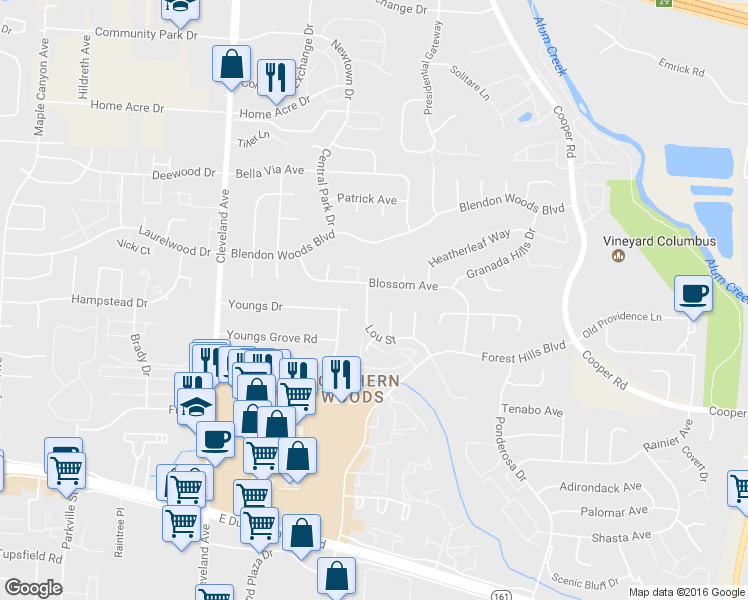 map of restaurants, bars, coffee shops, grocery stores, and more near 5824 Lou Street in Columbus