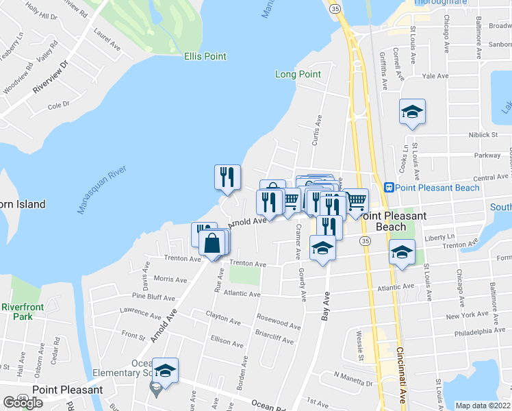 map of restaurants, bars, coffee shops, grocery stores, and more near 429 Lincoln Avenue in Point Pleasant