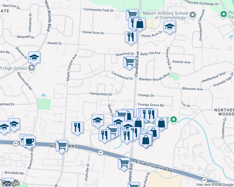 map of restaurants, bars, coffee shops, grocery stores, and more near 2373 Hampstead Dr in Columbus
