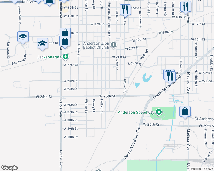 map of restaurants, bars, coffee shops, grocery stores, and more near 2317 Reverend J.T. Menifee Street in Anderson