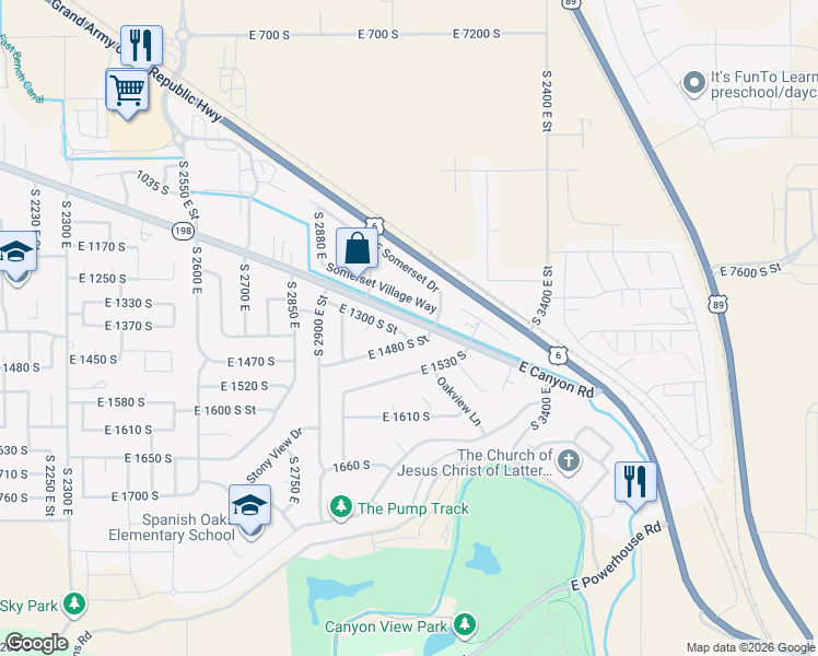 map of restaurants, bars, coffee shops, grocery stores, and more near 3057 East 1300 South Street in Spanish Fork