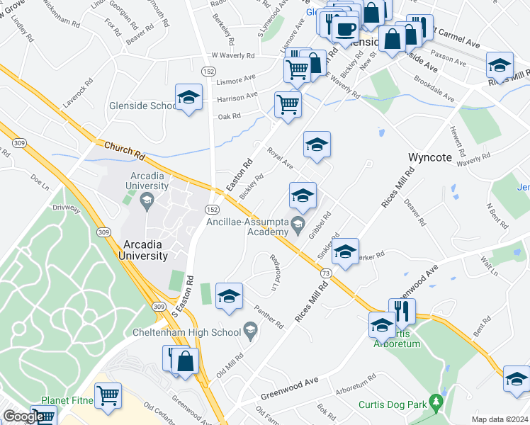 map of restaurants, bars, coffee shops, grocery stores, and more near 652 Mulford Rd in Wyncote