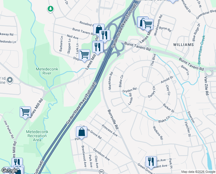 map of restaurants, bars, coffee shops, grocery stores, and more near 25 Markham Road in Brick Township