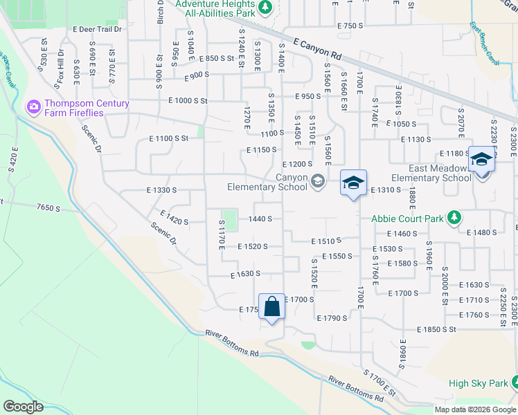 map of restaurants, bars, coffee shops, grocery stores, and more near 1388 South 1270 East in Spanish Fork