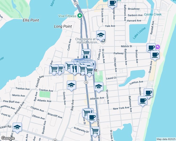 map of restaurants, bars, coffee shops, grocery stores, and more near in Point Pleasant Beach