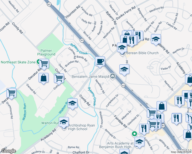 map of restaurants, bars, coffee shops, grocery stores, and more near 12017 Legion Street in Philadelphia