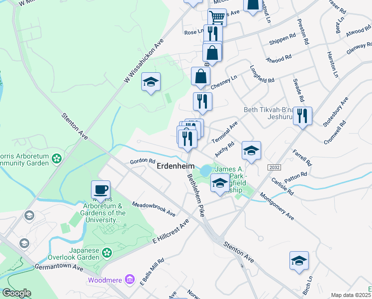 map of restaurants, bars, coffee shops, grocery stores, and more near 629 Bethlehem Pike in Erdenheim