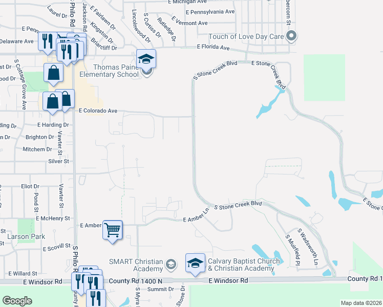 map of restaurants, bars, coffee shops, grocery stores, and more near East Stone Creek Boulevard in Urbana