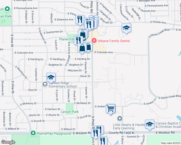 map of restaurants, bars, coffee shops, grocery stores, and more near 2015 Philo Road in Urbana