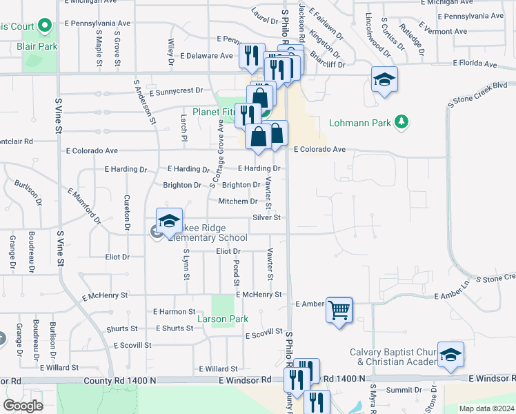 map of restaurants, bars, coffee shops, grocery stores, and more near 1303 Mitchem Drive in Urbana