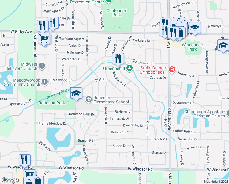 map of restaurants, bars, coffee shops, grocery stores, and more near 2303 Brookhaven Drive in Champaign