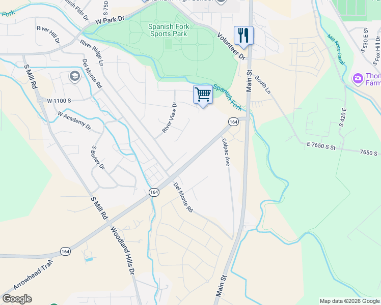 map of restaurants, bars, coffee shops, grocery stores, and more near 317 River Way Road in Spanish Fork