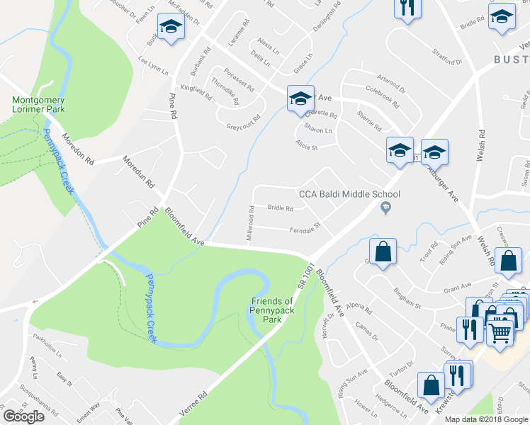 map of restaurants, bars, coffee shops, grocery stores, and more near 8613 Bridle Road in Philadelphia