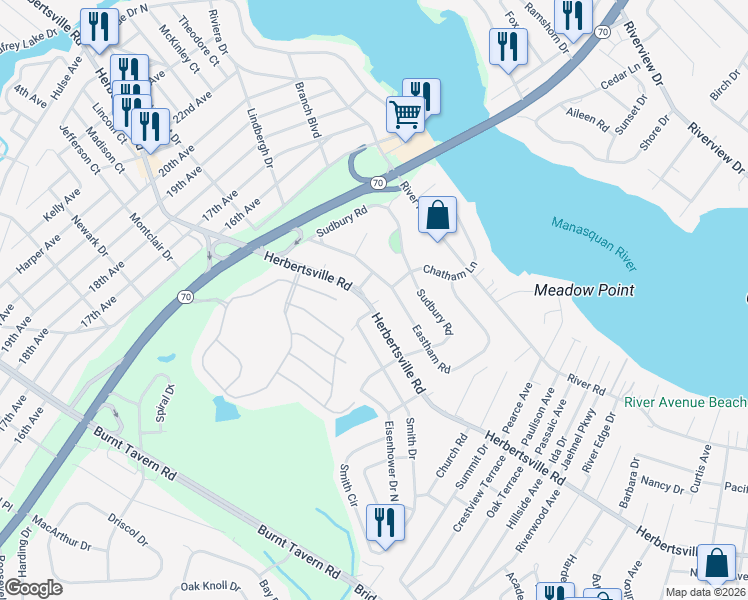 map of restaurants, bars, coffee shops, grocery stores, and more near 3919 Herbertsville Road in Point Pleasant Beach