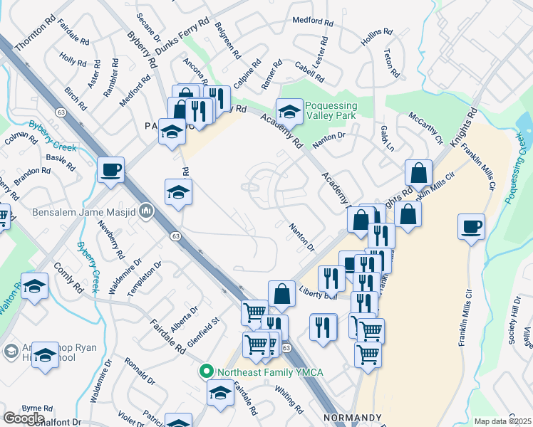 map of restaurants, bars, coffee shops, grocery stores, and more near 3640 Genesee Drive in Philadelphia