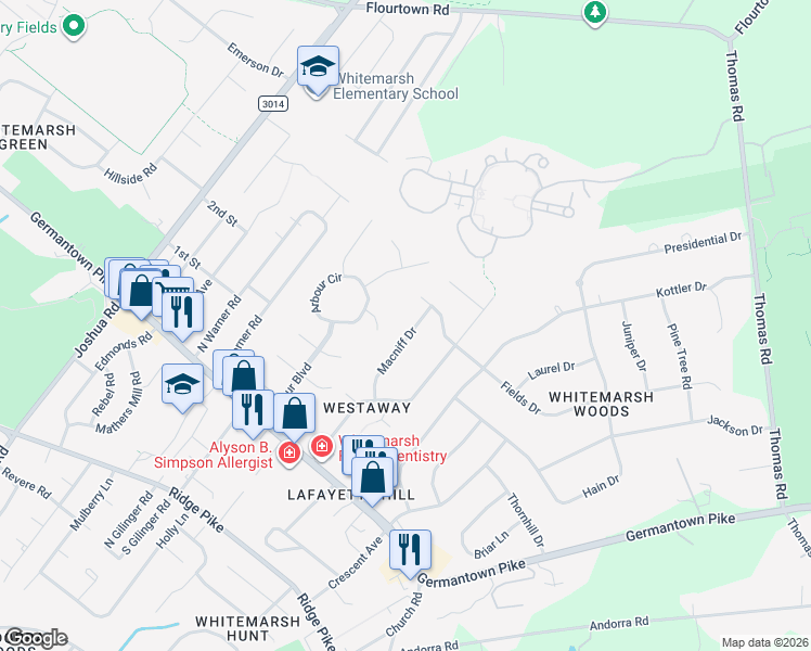 map of restaurants, bars, coffee shops, grocery stores, and more near 4042 Macniff Dr in Lafayette Hill