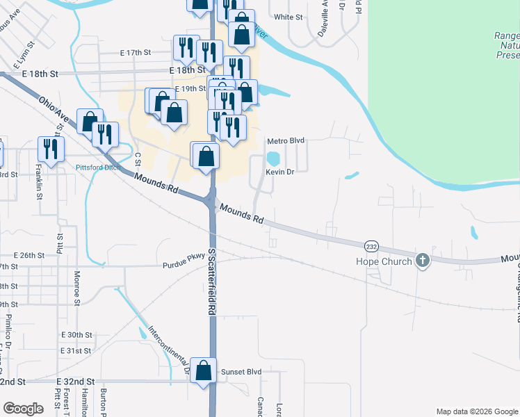 map of restaurants, bars, coffee shops, grocery stores, and more near 2324 Mounds Road in Anderson