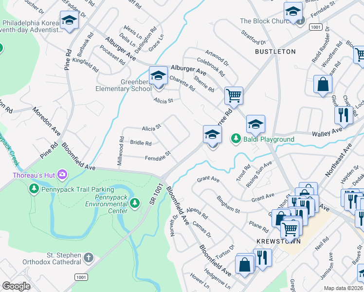 map of restaurants, bars, coffee shops, grocery stores, and more near 8711 Ferndale Street in Philadelphia