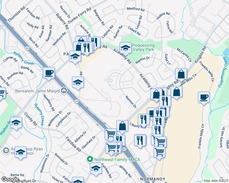 map of restaurants, bars, coffee shops, grocery stores, and more near 3638 Genesee Drive in Philadelphia