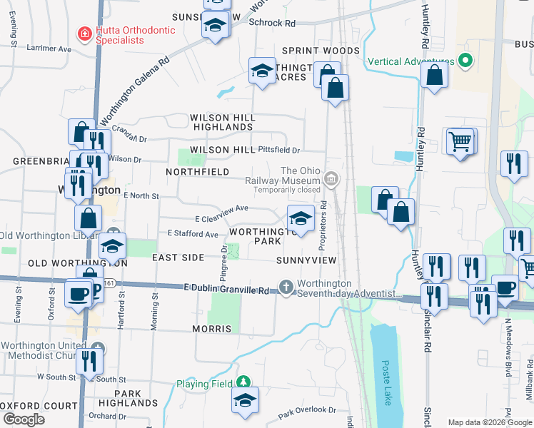 map of restaurants, bars, coffee shops, grocery stores, and more near 415 East Clearview Avenue in Worthington