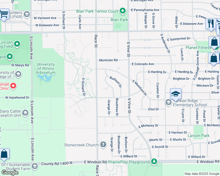 map of restaurants, bars, coffee shops, grocery stores, and more near 2017 Boudreau Dr in Urbana
