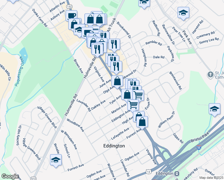 map of restaurants, bars, coffee shops, grocery stores, and more near 1627 Virginia Avenue in Bensalem
